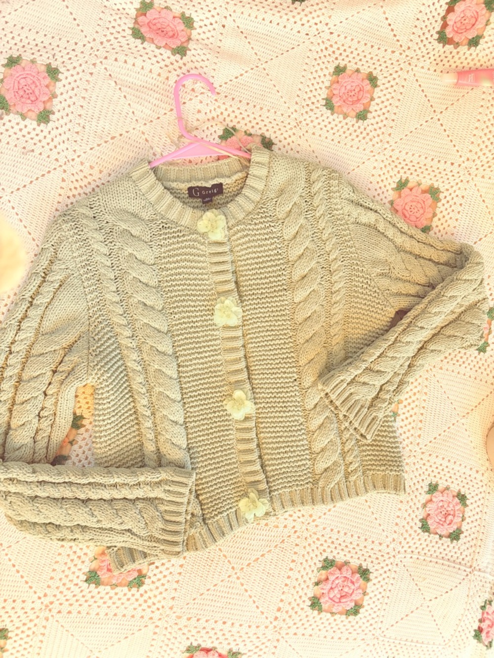 Greig Sage Green Cable Knit Floral-Button Cardigan